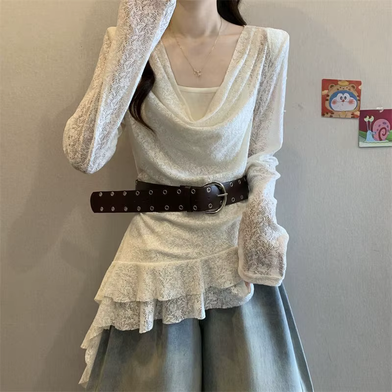 T-shirt élégant à manches longues et col en dentelle pour femme