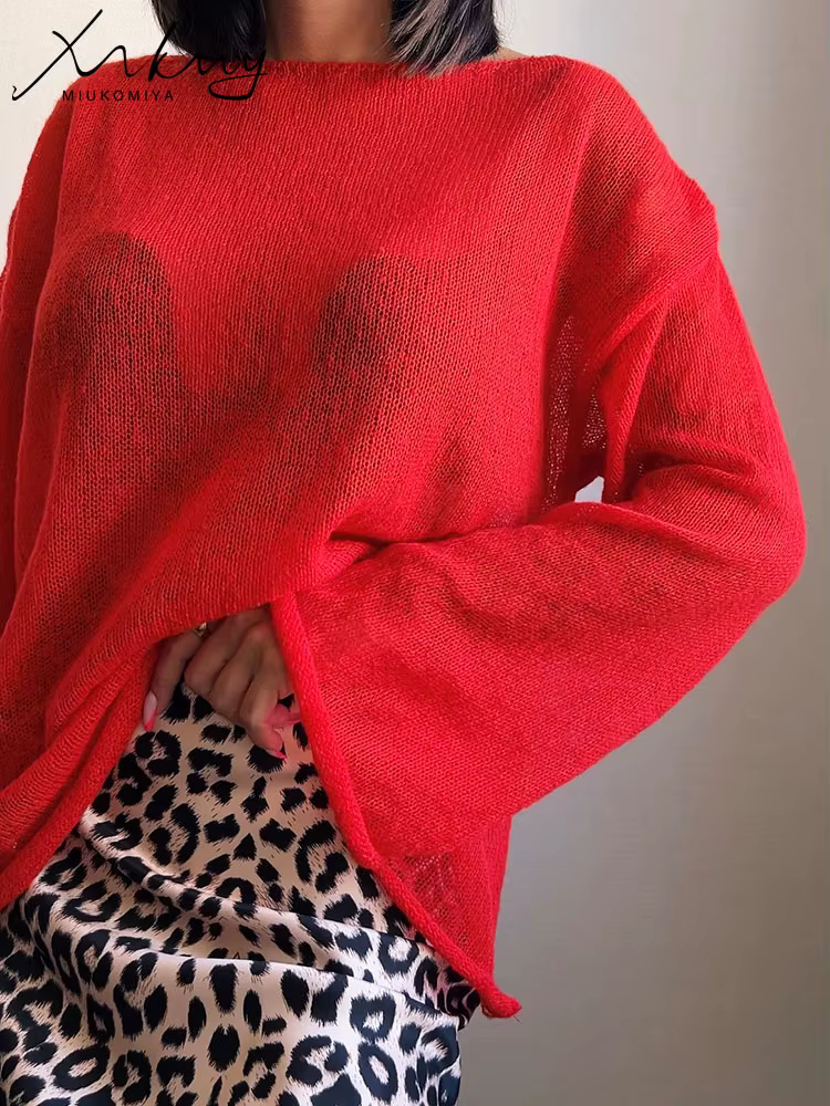 T-shirts rouges surdimensionné mince tricot pull femmes été trompette à manches longues t-shirt