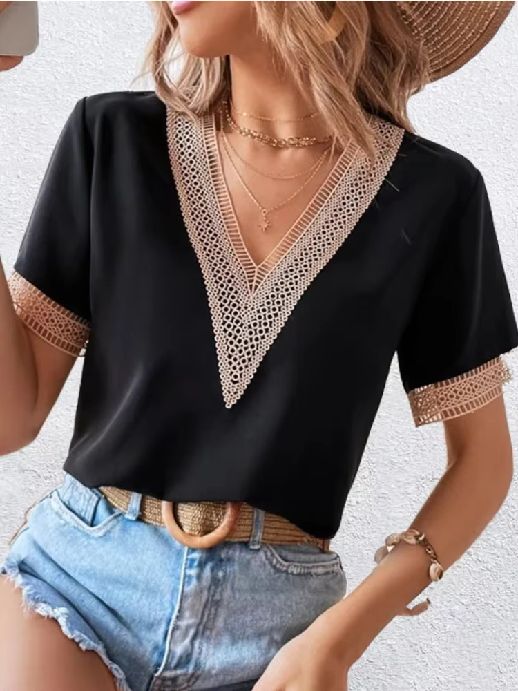 Nouveaux T-shirts pour femmes à col en V en dentelle
