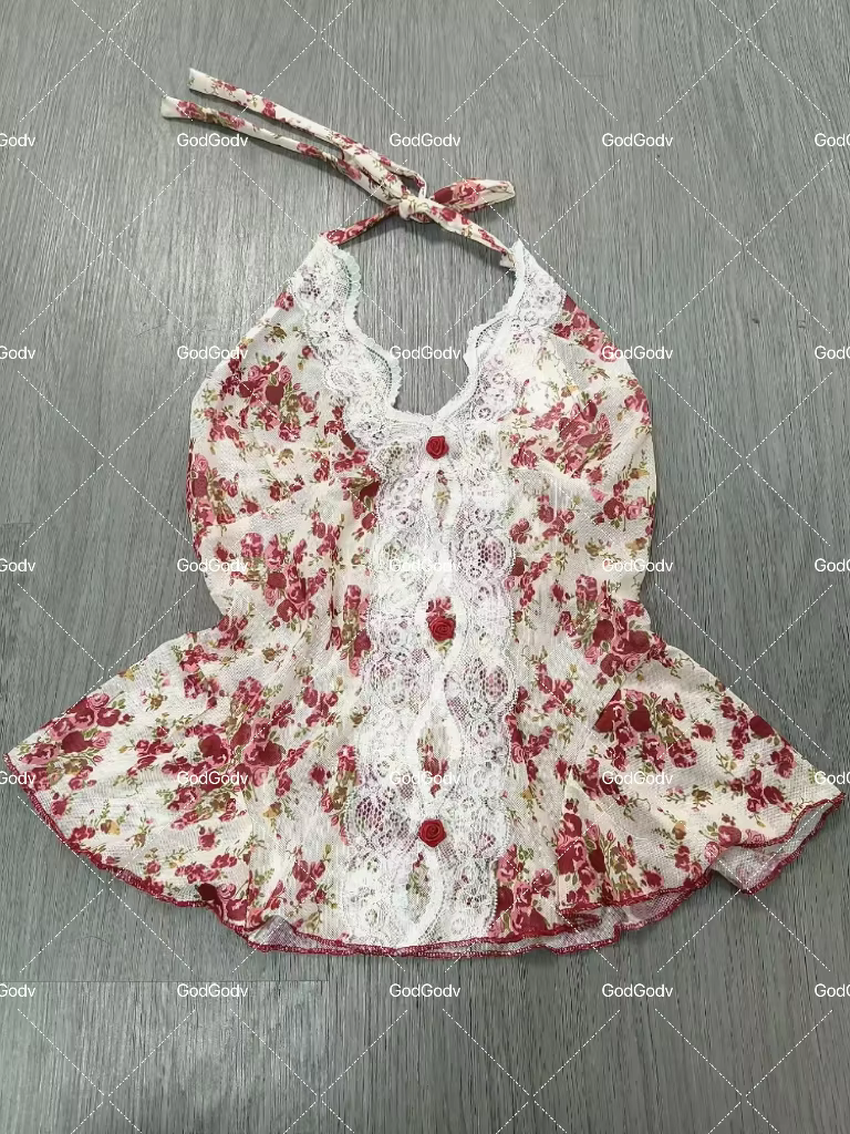 2025 été femme Floral licou dentelle Blouse 2025 Vintage Sexy Slim Fit fée mode coréenne