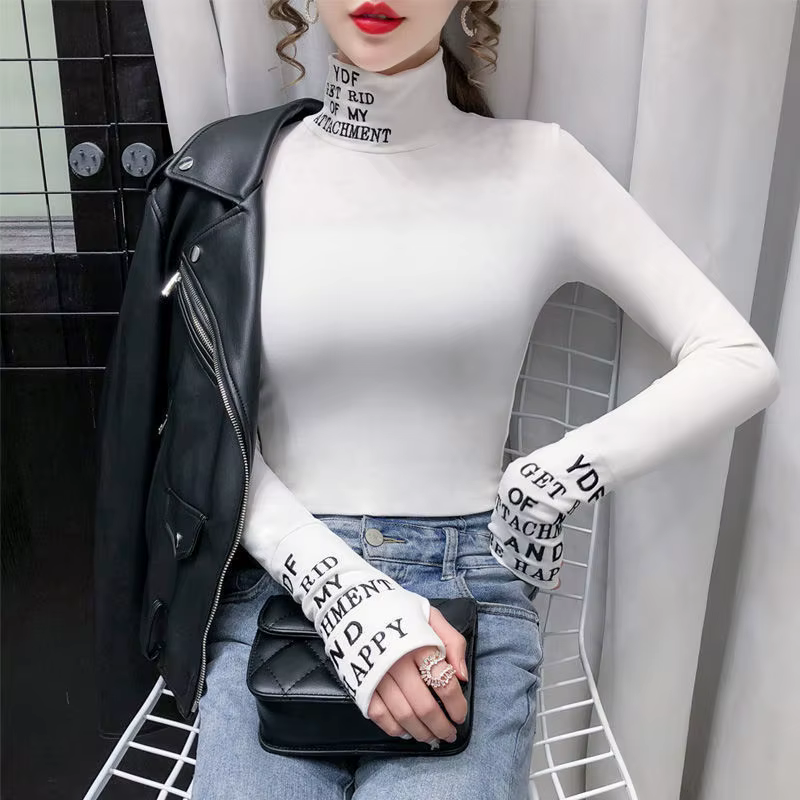 T-shirt à manches longues et col roulé en coton pour femme