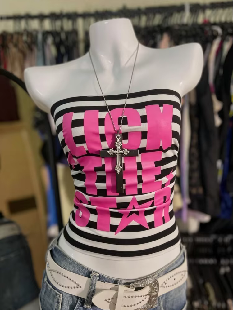 Top tube rayé noir et blanc Y2K pour femme avec imprimé lettres et étoiles roses