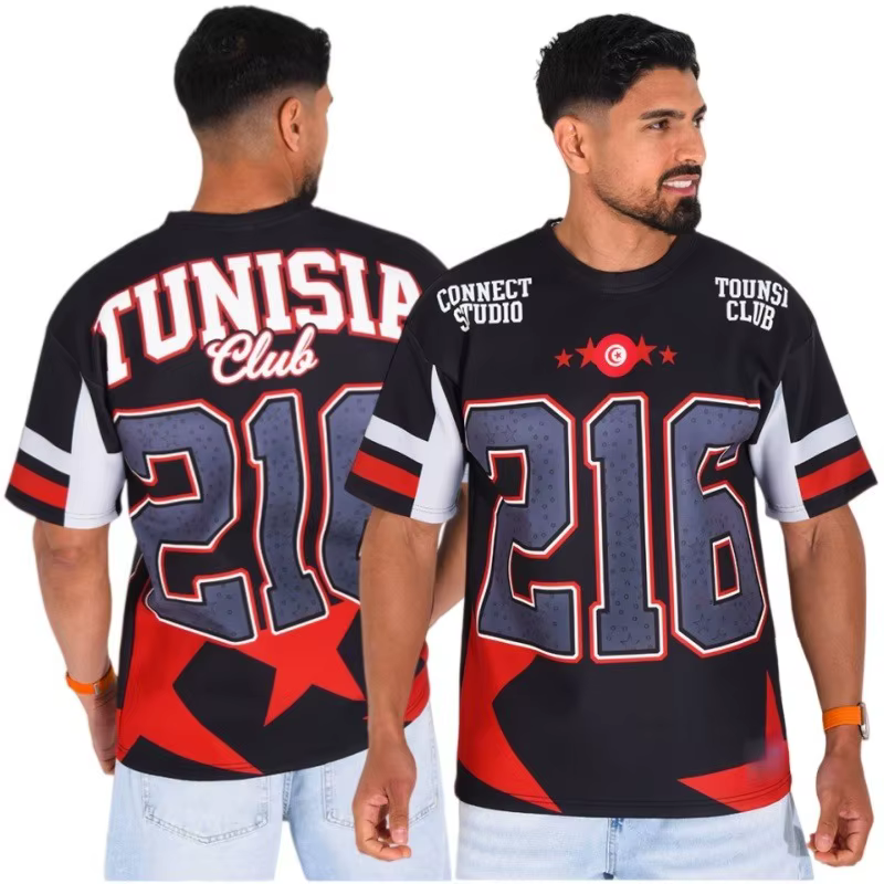 T-shirt unisexe de la collection nationale de la Tunisie 2026 à manches courtes avec grand imprimé étoile à cinq