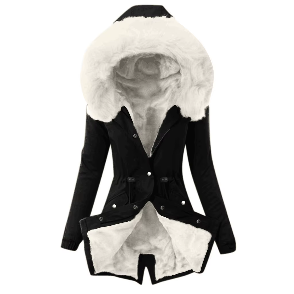 Parka à capuche pour femmes, manches longues, manteaux ajustés, boutons, solide, fermeture éclair, épissure, serré, vêtements d'extérieur, col en fourrure épais et chaud
