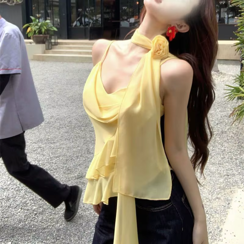 Hauts Camisole Chic pour Femme à Manches Volantes, Débardeurs Courts à Col Carré avec Volants Superposés, Ruban et Fleur 3D, Style Y2K Vintage Streetwear