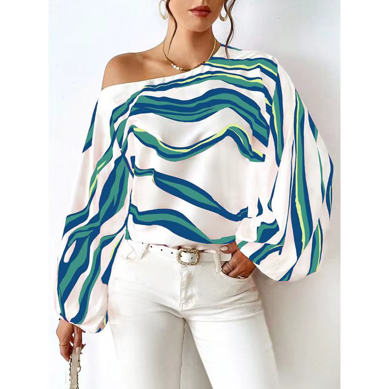 Mode à manches longues Sexy épaules nues chemises femmes Slash cou imprimé Blouses décontractées en vrac