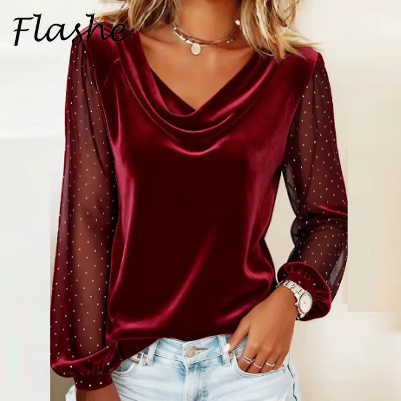 Femmes à manches longues col bénitier velours T-Shirt