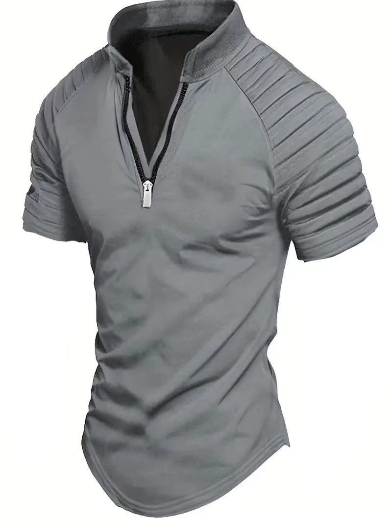 POLO pour hommes printemps sport couleur unie col montant plissé fermeture éclair respirant décontracté été haut tendance à manches courtes