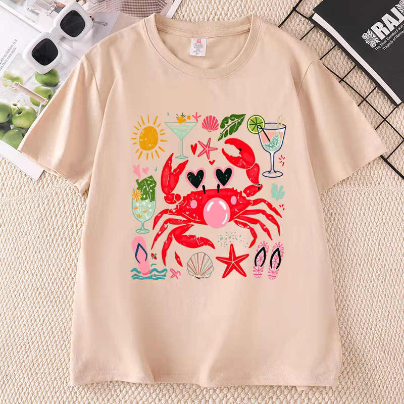 T-shirt graphique amusant avec crabe soufflant des bulles, T-shirt d'été pour la plage, T-shirt imprimé en coton à manches courtes et col rond
