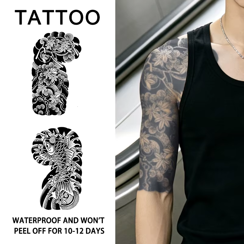 Autocollants de tatouage temporaire à base de plantes, style asiatique, demi-manches, imperméables et longue durée (1 à 2 semaines), adaptés pour les bras et les jambes.