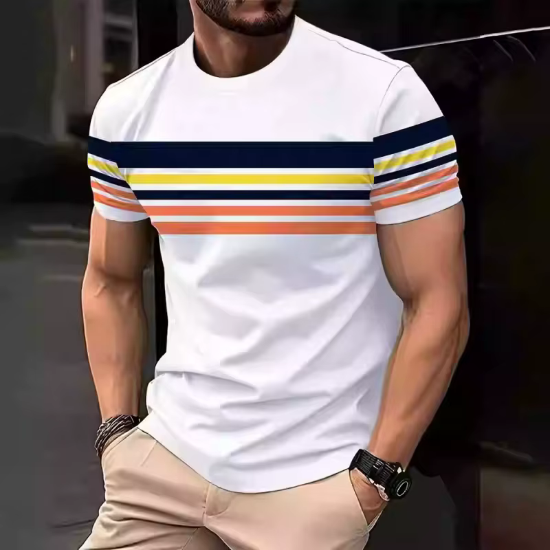 Rayures colorées motif T-Shirt pour hommes mode bloc de couleur 3D imprimé t-shirts été respirant haut col en o