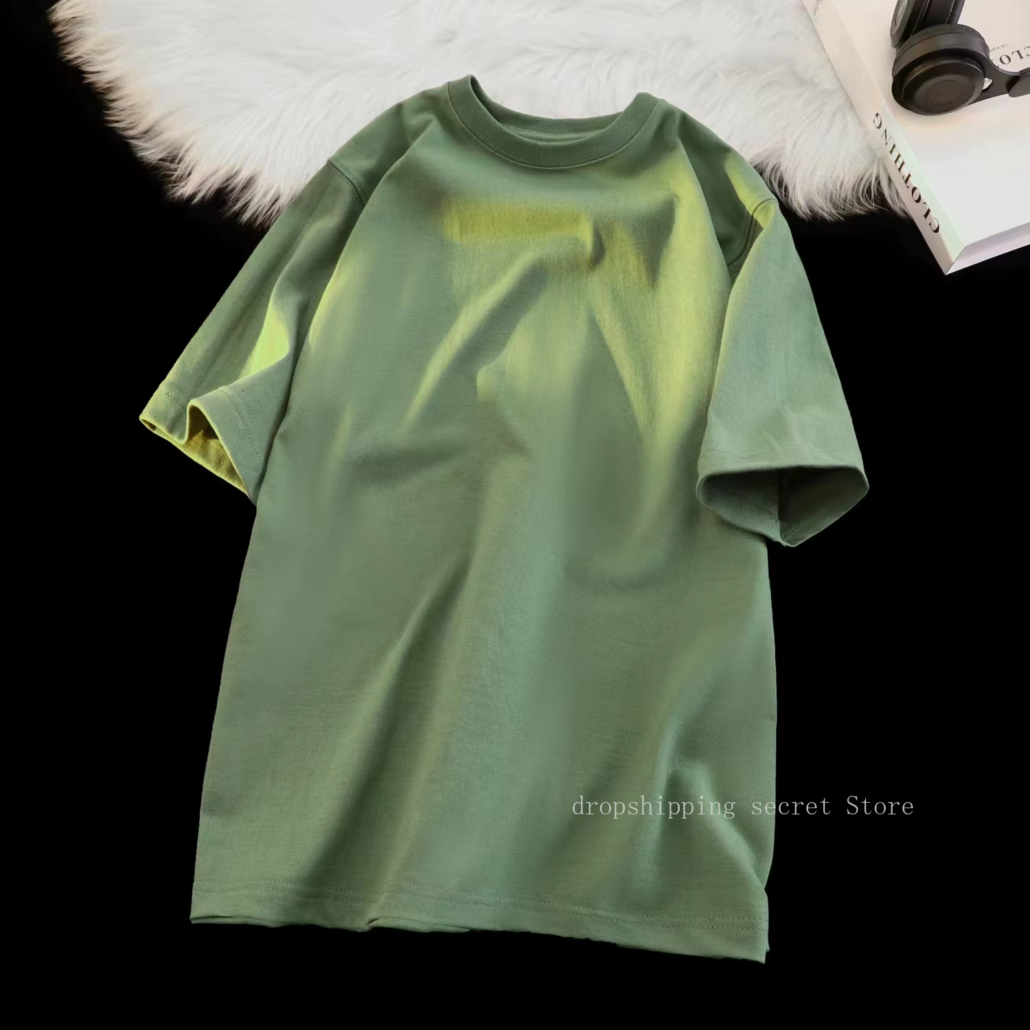 Cyan 400g coton lourd à manches courtes T-shirt été petit décolleté ample épais imperméable hommes et femmes t-shirts