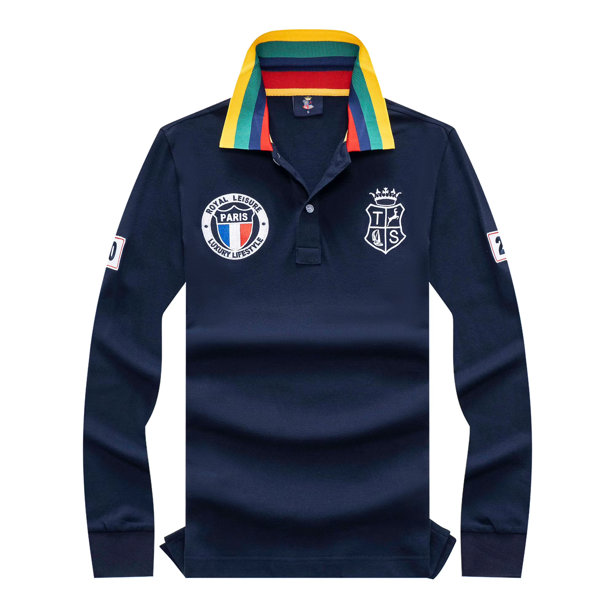 Polos pour hommes Gris 100% coton Polo à manches longues Col complet avec broderie Madrid Vêtements de sport décontractés