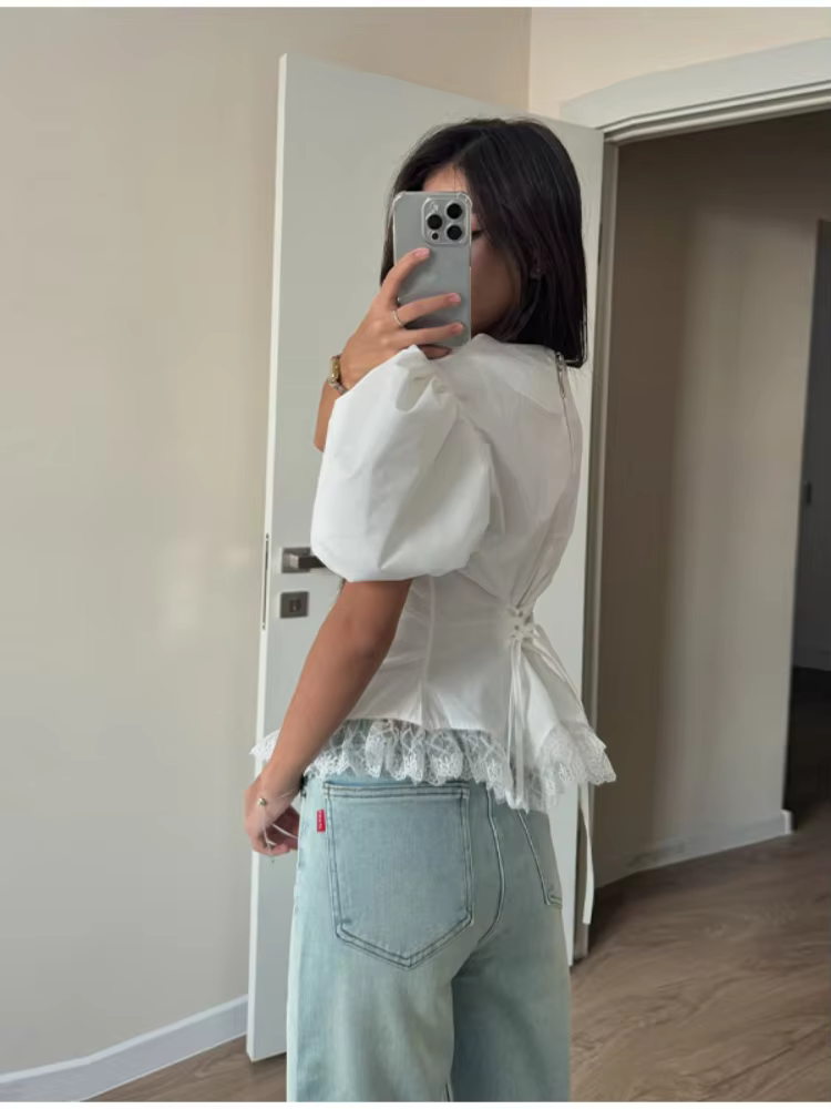 Chemisier Polo Femme à Manches Courtes Bouffantes