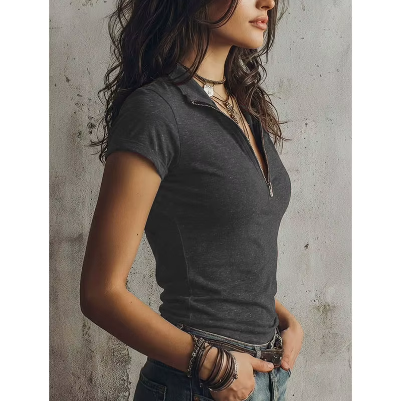 T-shirt d'été slim fit à demi-zip et col à revers pour femme