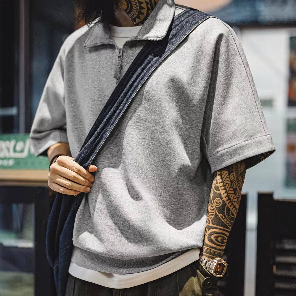 Maden Vintage Boro Style demi-zip manches courtes Polo hommes été Indigo teint imprimé col ample T-Shirt décontracté gris hauts