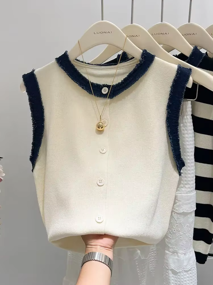 Haut sans manches en tricot blanc – Gilet court d'été à bretelles décontractées