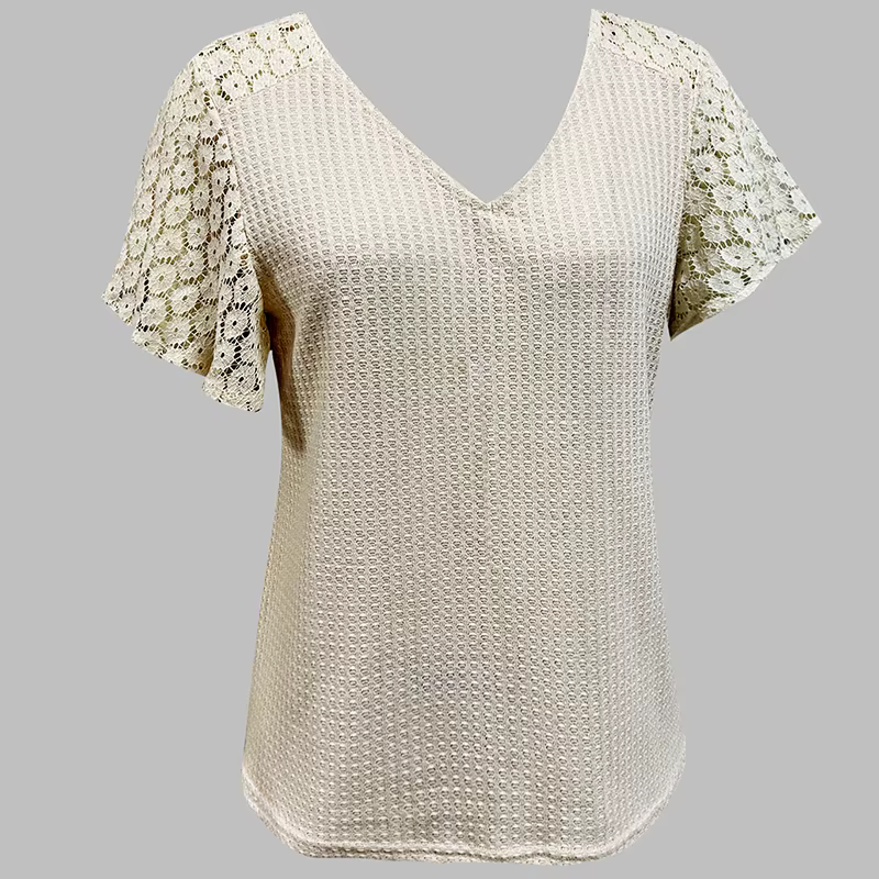 Nouveau T-shirt en dentelle à manches courtes et col en V profond pour femme