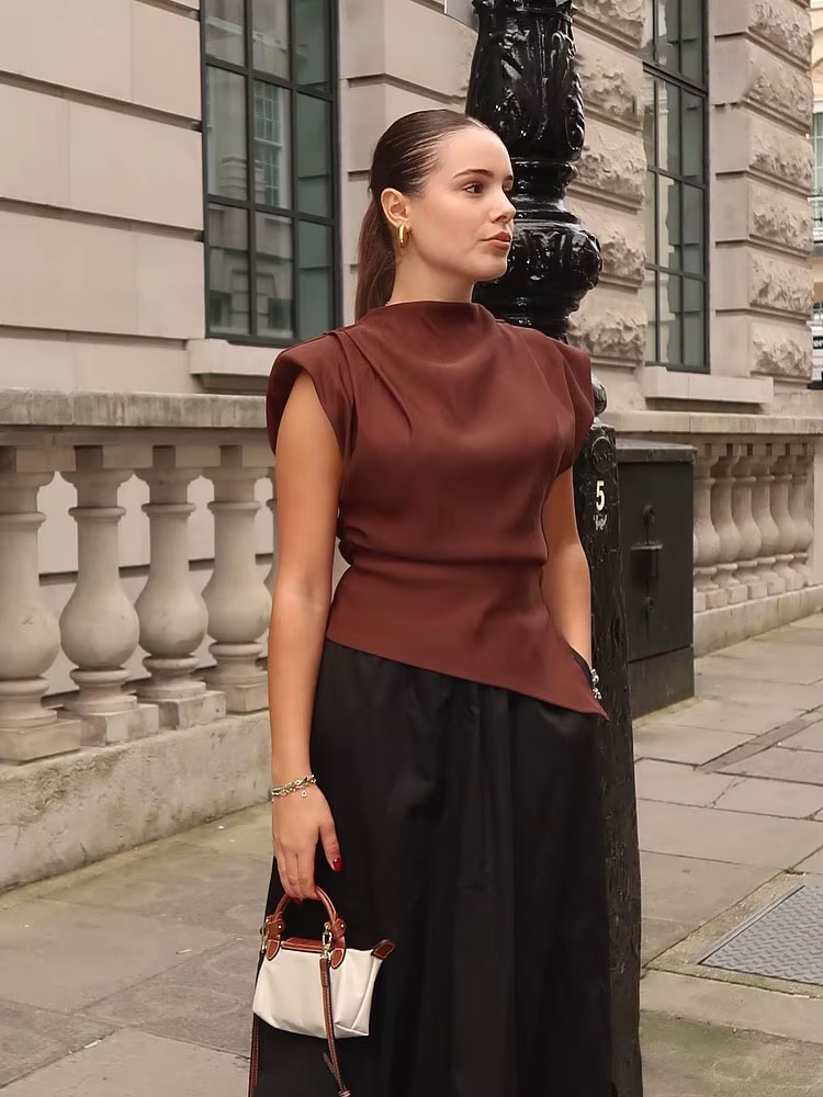 HH femme été décontracté asymétrique hauts 3 couleurs solide col rond sans manches dos fermeture éclair