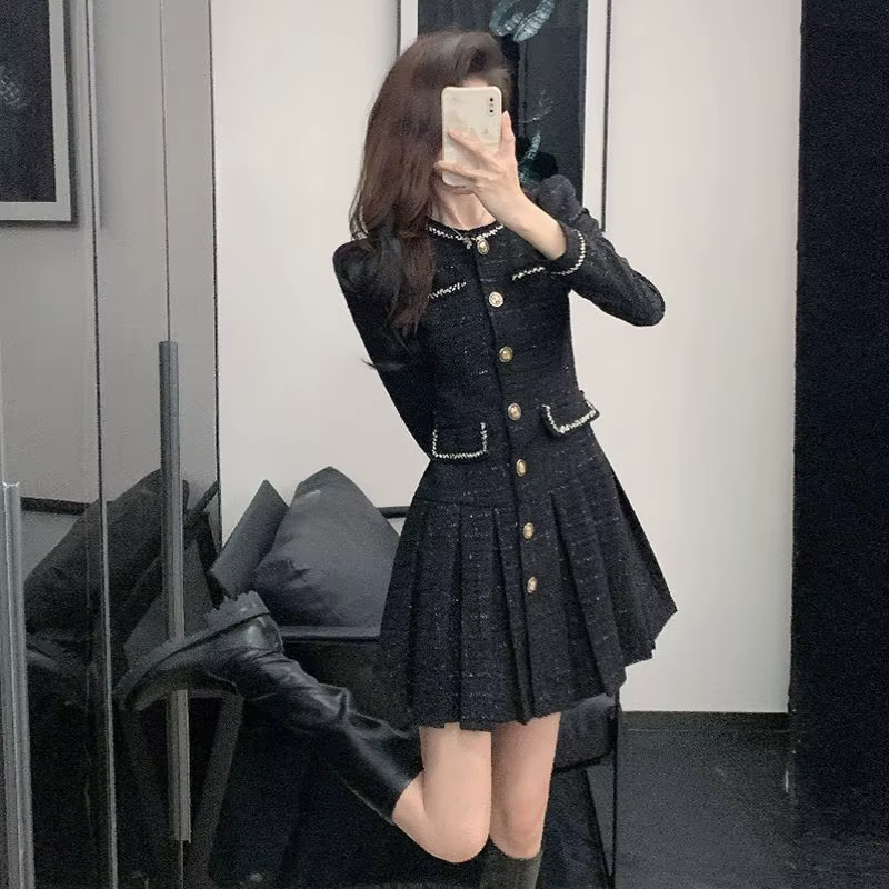 Robe noire élégante de Style Tweed français pour femmes, nouvelle collection printemps automne 2026, amincissante, ajustée à la taille, Chic, Socialite