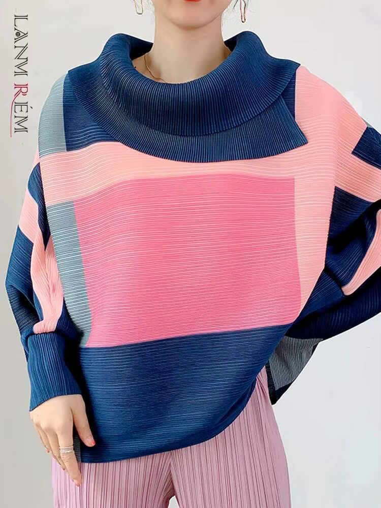LANMREM 2025 mode nouveau T-shirt plissé pour les femmes Laple manches longues hauts amples bloc de couleur femme vêtements printemps 2YA771