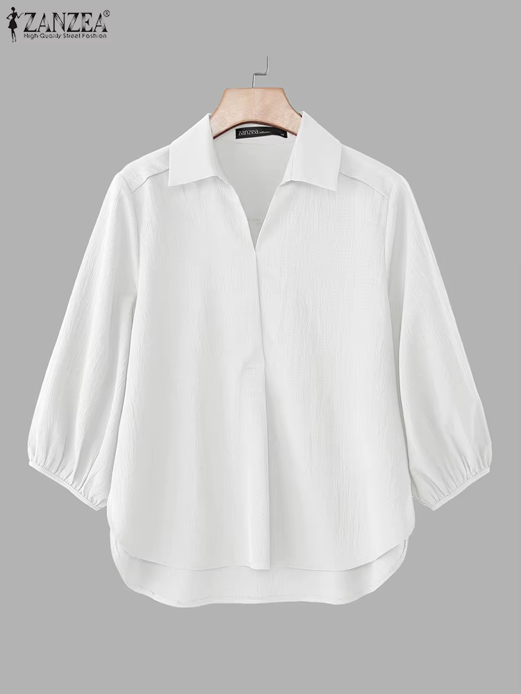 ZANZEA femmes chemisier asymétrique 3/4 lanterne manches couleur unie hauts mode col rabattu tunique décontractée été pull Blusa