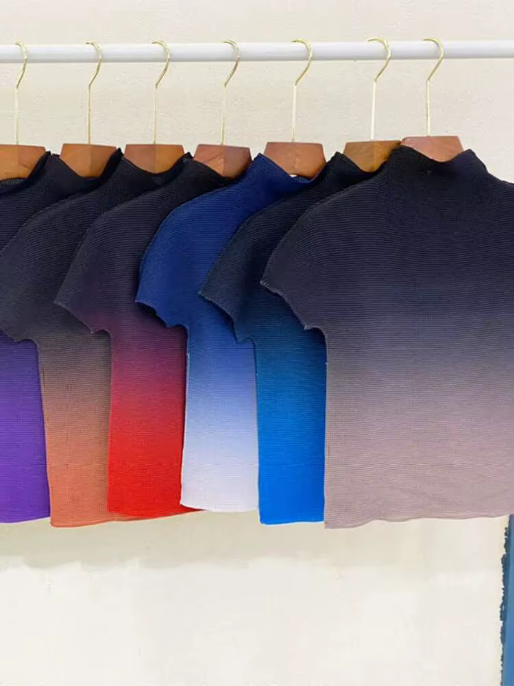 DEAT T-shirts plissés dégradés à col montant et manches courtes pour femme, style décontracté, nouvelle mode été 2026 15HT177