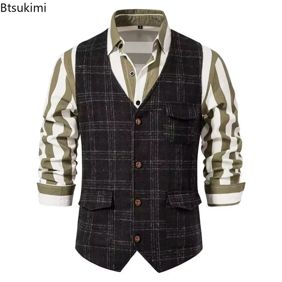 Gilet en Tweed à carreaux pour hommes, Vintage, simple boutonnage, haut de costume de Style anglais, décontracté, pour fête d'affaires, 2026