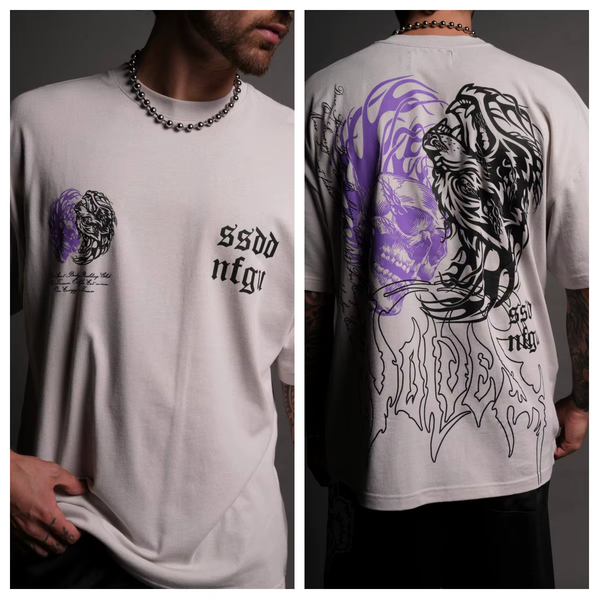 T-shirt en coton à col rond imprimé à motif tête de loup