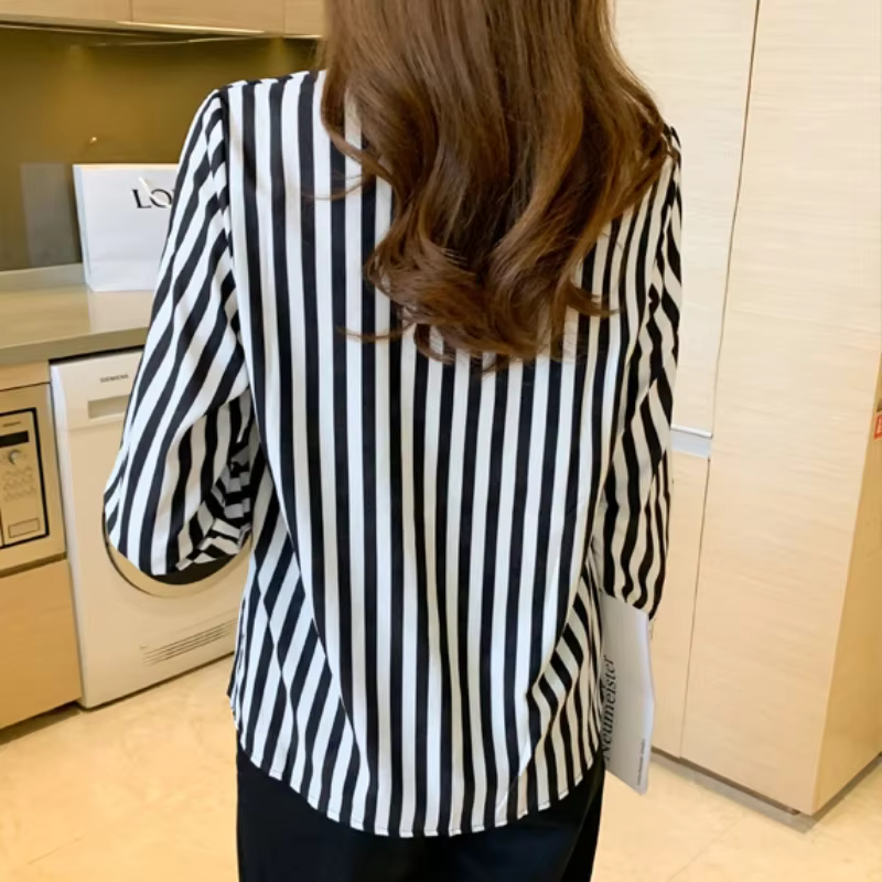 Femmes chemise noir et blanc rayé boutonné à manches longues surdimensionné petit ami Blouse hauts blusas para mujer tenue