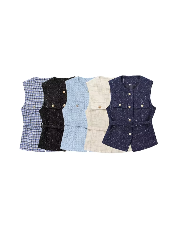 Gilet en Tweed avec ceinture pour femmes, col rond, sans manches, bouton sur le devant, vêtements d'extérieur pour femmes, hauts chics, à la mode