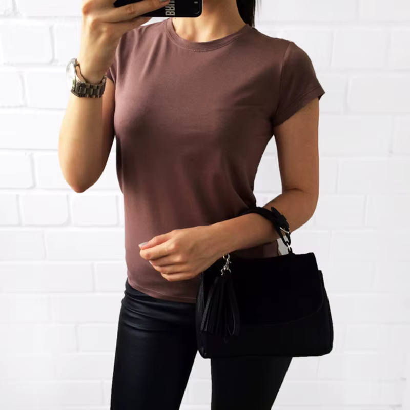 Femmes manches courtes T-shirt chemise à bascule col rond