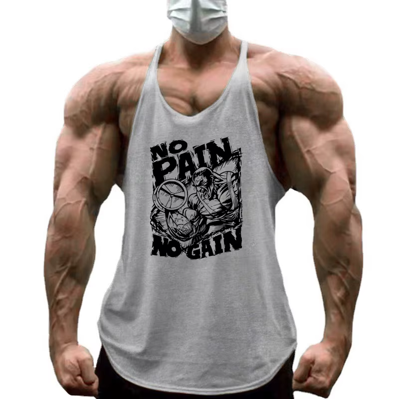 NO PAIN NO GAIN Imprimé Gym Fitness T-Shirt Hommes Musculation Sport Sans Manches Gilets Coton Respirant Y-back Bretelles Débardeurs