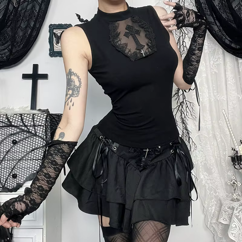 Goth foncé été réservoirs haut solide basique Techwear hauts femmes centre commercial gothique maille Patchwork croix gilet sans manches T-shirt Alt vêtements