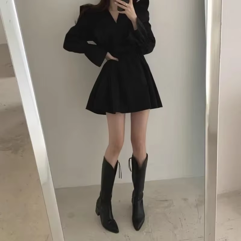 Femme robe à manches longues cravate élastique sensuel Sexy esthétique de haute qualité luxe épais chaud pas cher décontracté robes à volants pour les femmes