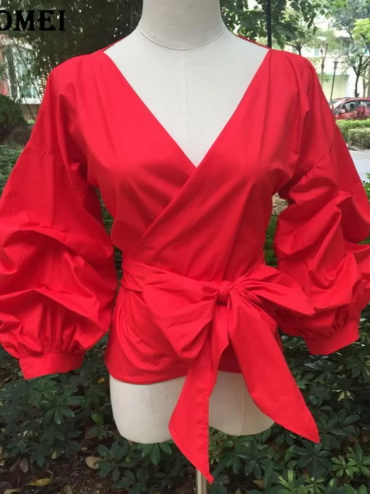 Femmes chemisier jaune Peplum hauts avec ceinture de taille noeud papillon manches bouffantes col en V dame chemises d'été vêtements féminins Blusas africain nouveau
