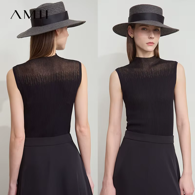 Amii femmes haut minimaliste été nouvelle couleur unie col montant sans manches mince élastique Double courbe fil tricoté Camisole 12542249