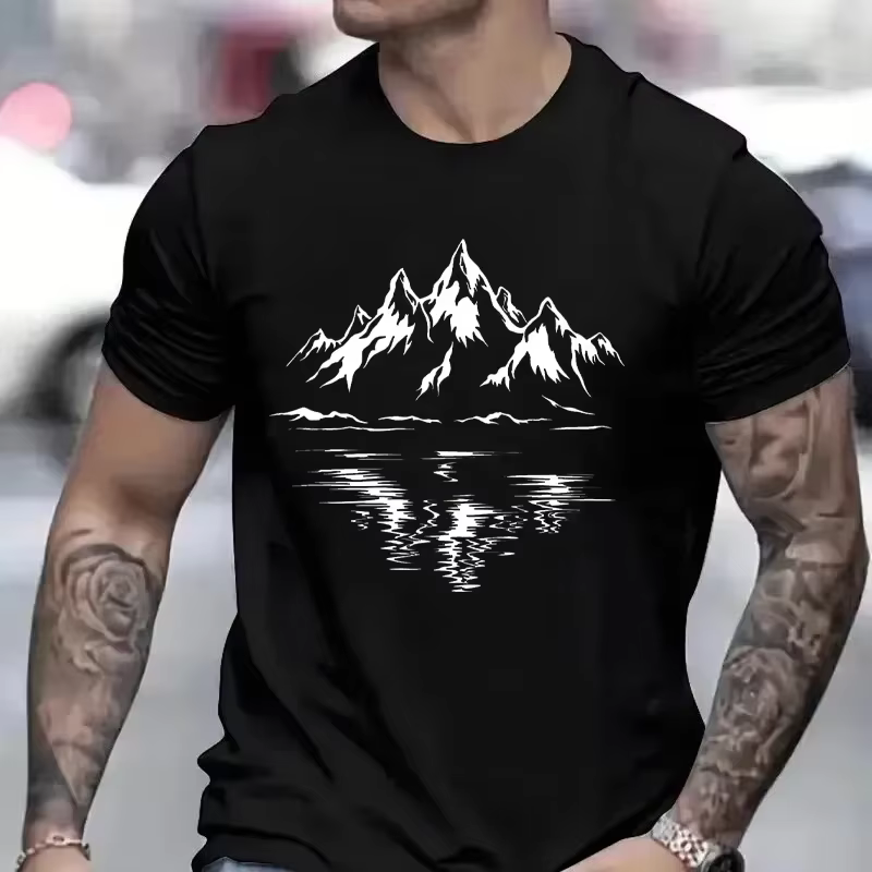 T-shirt 100% coton pour homme avec imprimé montagne, style randonnée intéressant et unique, streetwear adapté aux sports