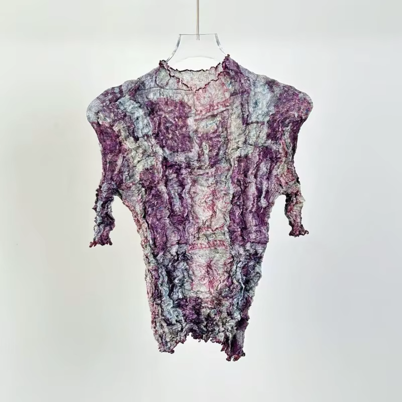 T-shirt Miyake 2026 – Nouvelle collection été – Haut plissé irrégulier fait main – Décontracté