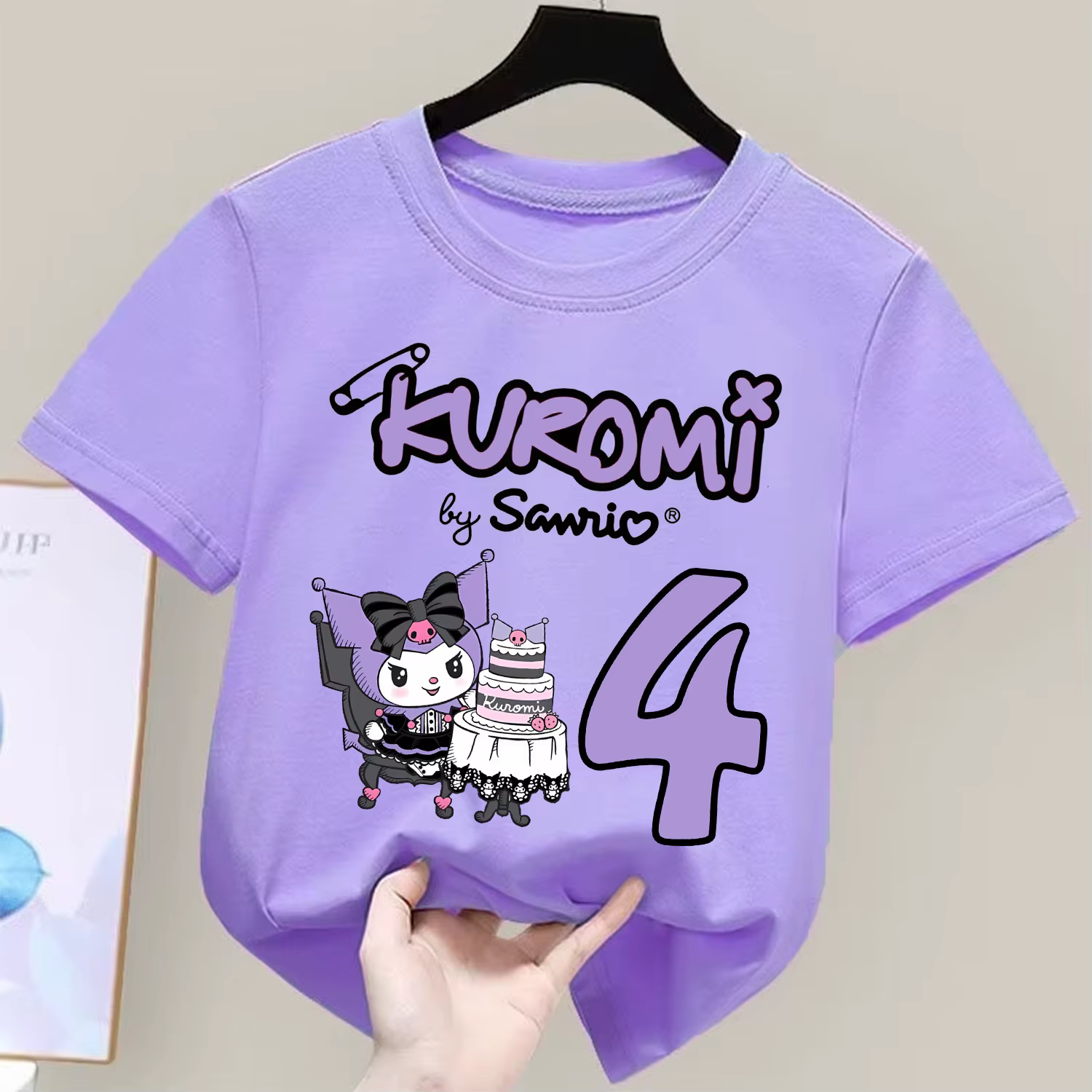 T-shirt d'anniversaire Kuromi pour enfants, haut à manches courtes violet avec chiffres de dessin animé, vêtements Kawaii Anime, vêtements amples, cadeau pour enfants