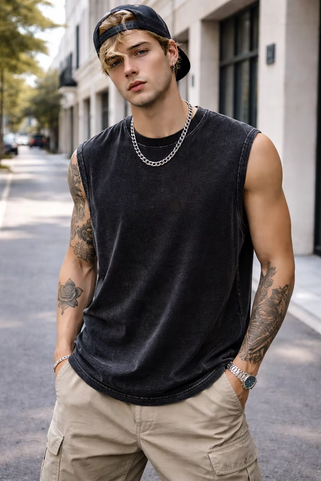 Débardeur Homme Lavé Style Urbain 230G Coton Vintage Sans Manches Coupe Ample Été Entraînement Gym Streetwear