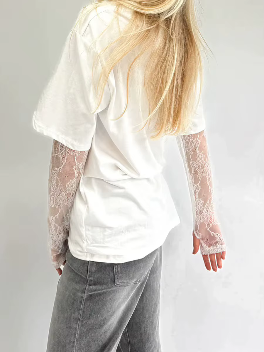 Femmes col rond T-Shirt dentelle à manches longues chemises décontractées printemps automne coupe ample hauts dames couleur unie T-Shirt pour Streetwear Y2K 00s