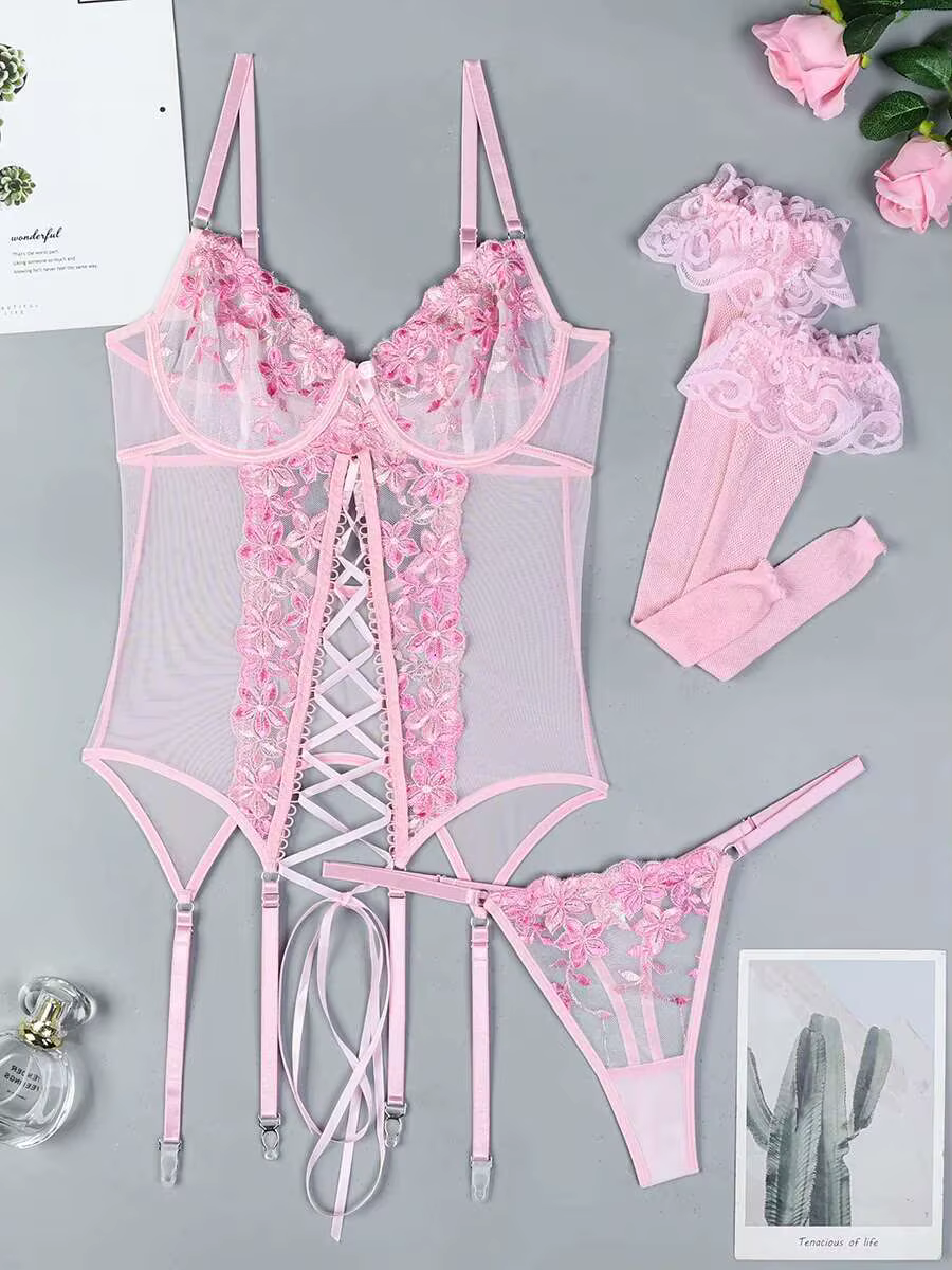 Ellolace fantaisie Sexy Lingerie 3 pièces Corset à lacets beaux body avec bas luxe G-String rose produits intimes 4PCY
