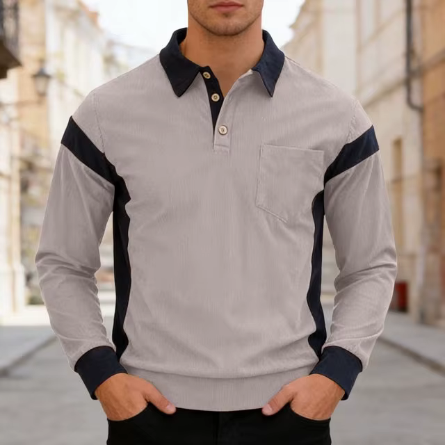 Nouveauté 2025 – Polos Homme Colorblock Tendance à Col Revers et Manches Longues avec Boutons pour Tenues Décontractées et Streetwear