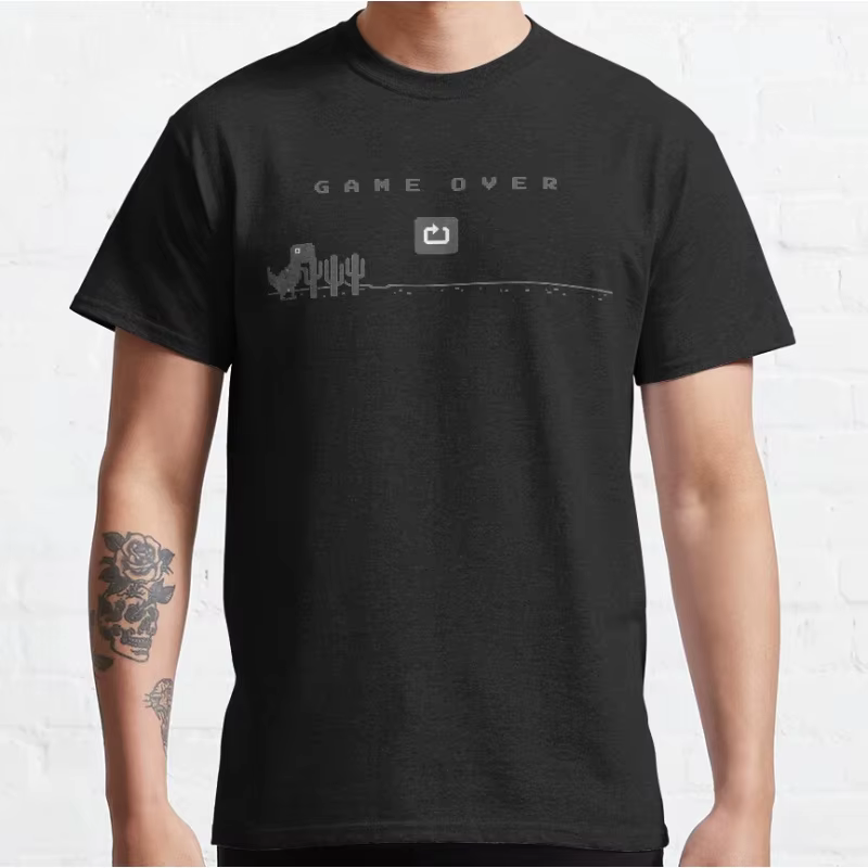 Game over drôle hors ligne t rex 90s dessin animé pixel jeu vidéo dinosaure T-shirt pour hommes grande taille hauts pour adultes S-6xl