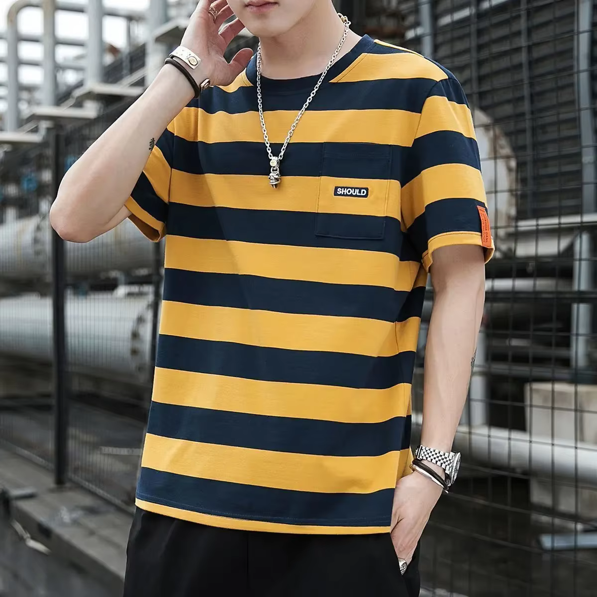 T-shirts pour hommes chemises amples hauts à rayure T-shirt