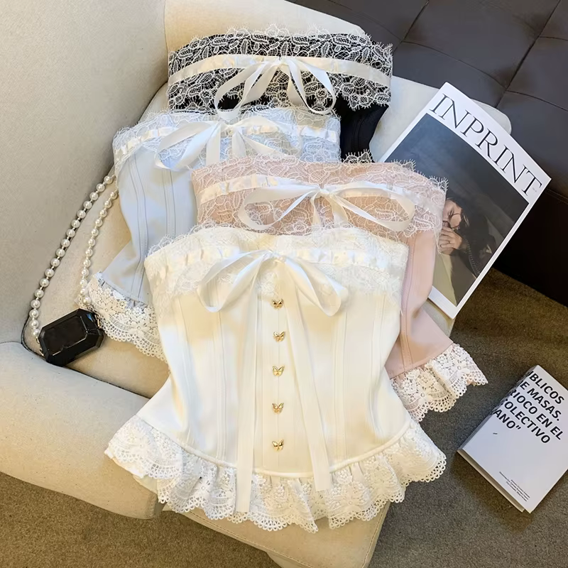 MEXZT Débardeur rose à nœud pour femme, style streetwear, camisole noire en dentelle sans bretelles, corset blanc sexy dos nu, vêtements de mode estivaux, nouveauté
