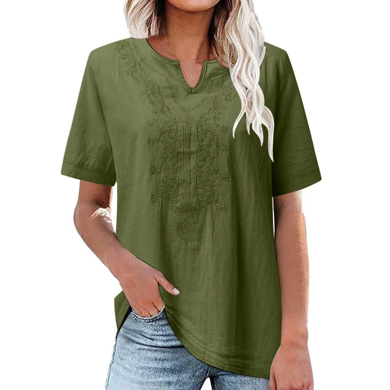 T-shirt décontracté ample à manches courtes en lin et coton brodé avec col en V et poche pour femme