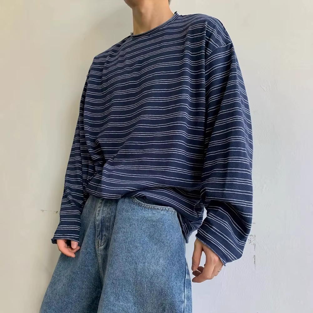 T-shirt à manches longues rayé gris pour homme