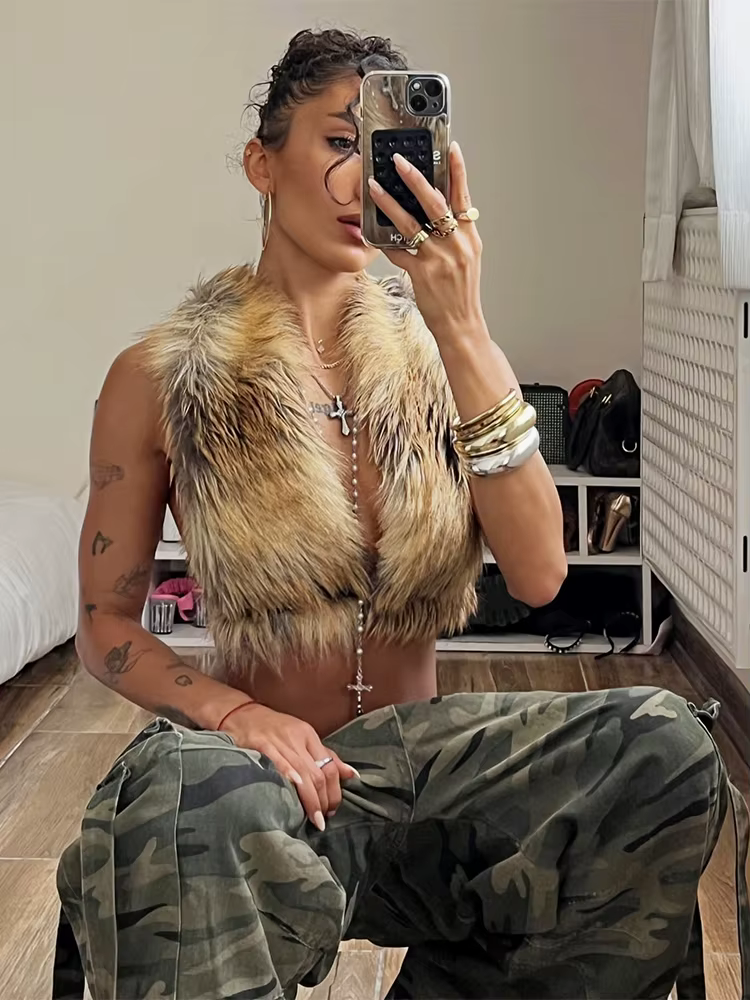 Cutenew mince fourrure licou débardeur femmes Sexy dos nu léopard Simple sauvage gothique Punk Hottie rue minuit Clubwear gilet